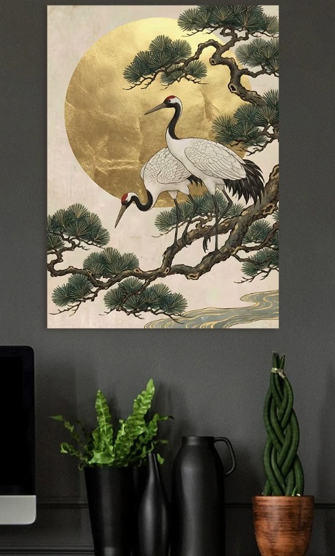 Two Cranes on a Pine Branch with Golden — metal poster wall art by Lineer